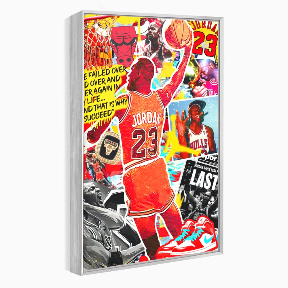 Tablou canvas cu tablou canvas cu michael jordan in actiune, in rama de aluminiu argintiu